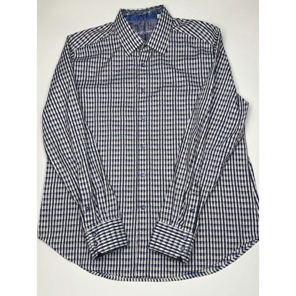 Robert Graham Flip Cuff Mens Blue Gingham Button Down Long Sleeve Dress Shirt XL